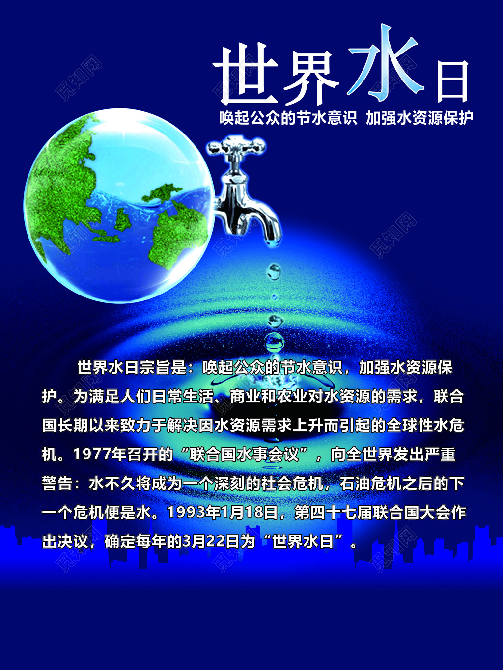 世界水日节约用水宗旨节水意识蓝色海报模板