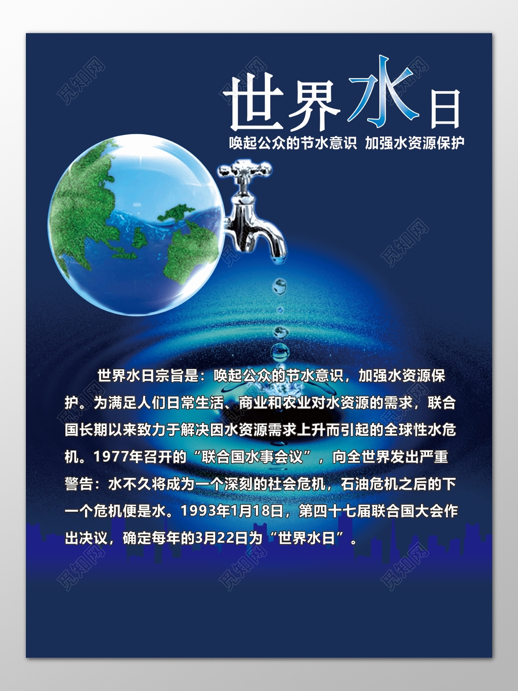 世界水日节约用水宗旨节水意识蓝色海报模板