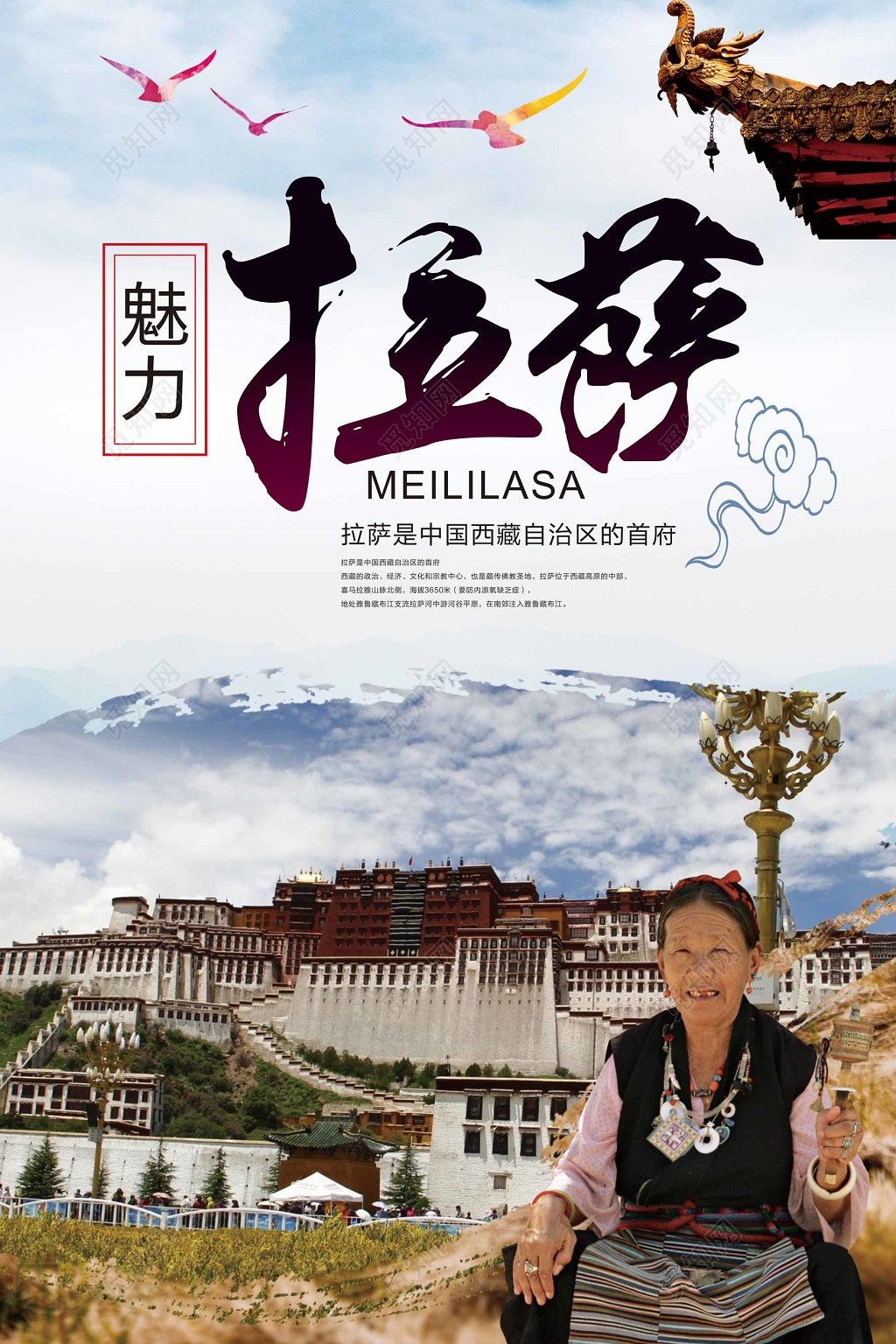 西藏旅游魅力拉萨浅蓝色展板设计