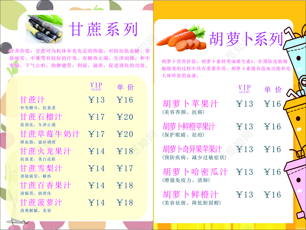 鲜榨果汁甘蔗石榴胡萝卜奇异果哈密瓜菜单价目表
