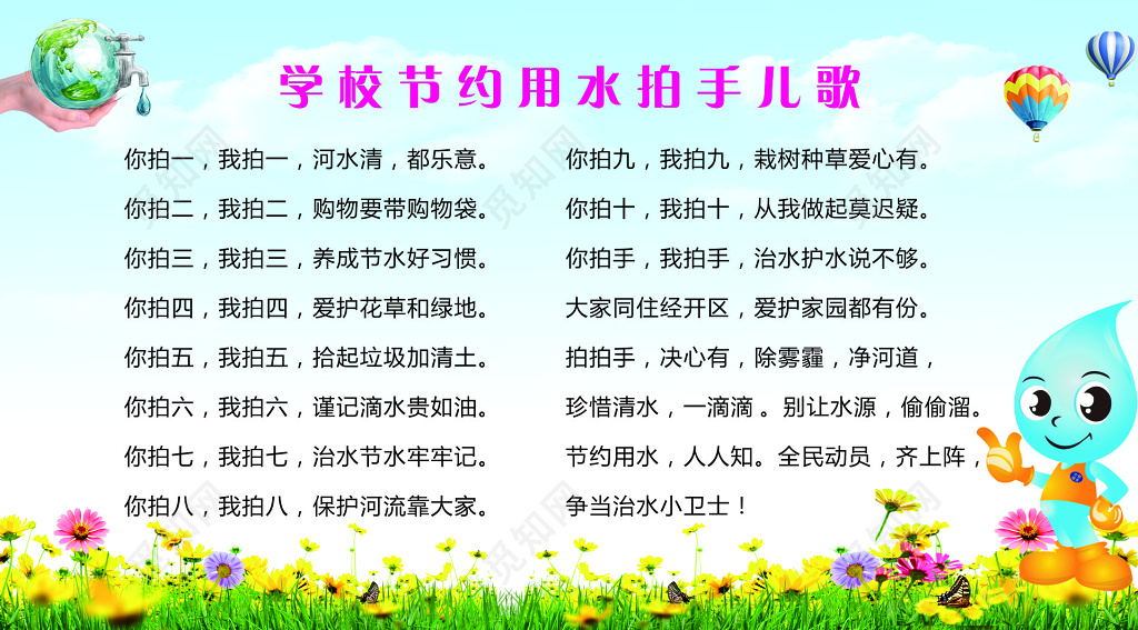 学校中小学节约用水拍手儿歌卡通宣传栏