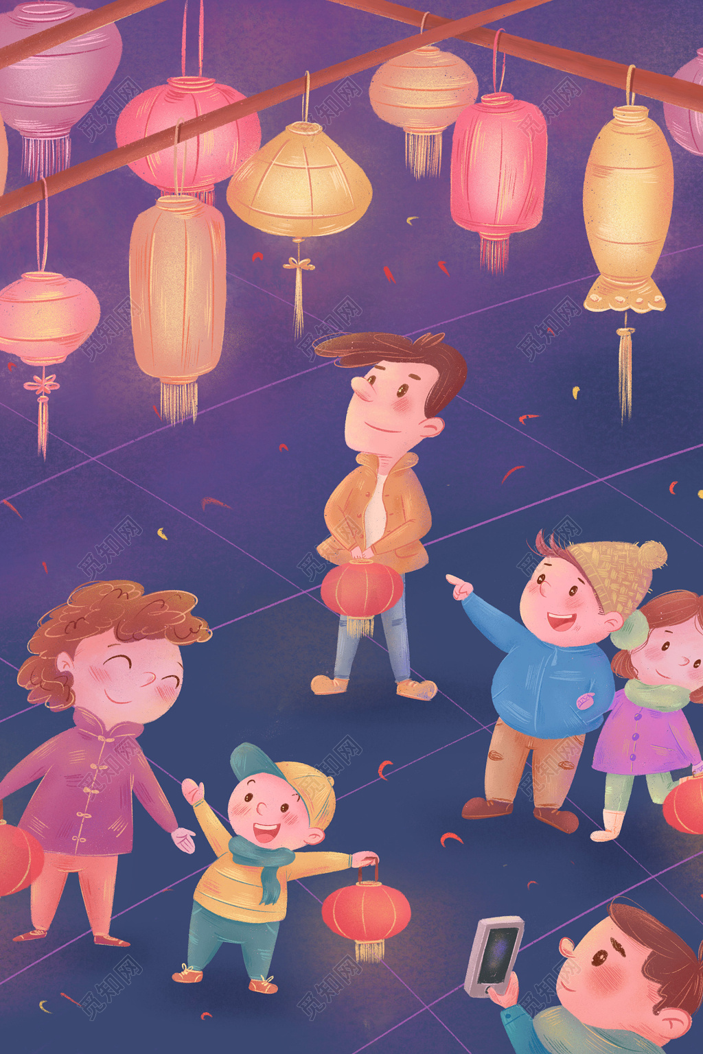 彩色插画元宵节庙会灯会灯笼展板