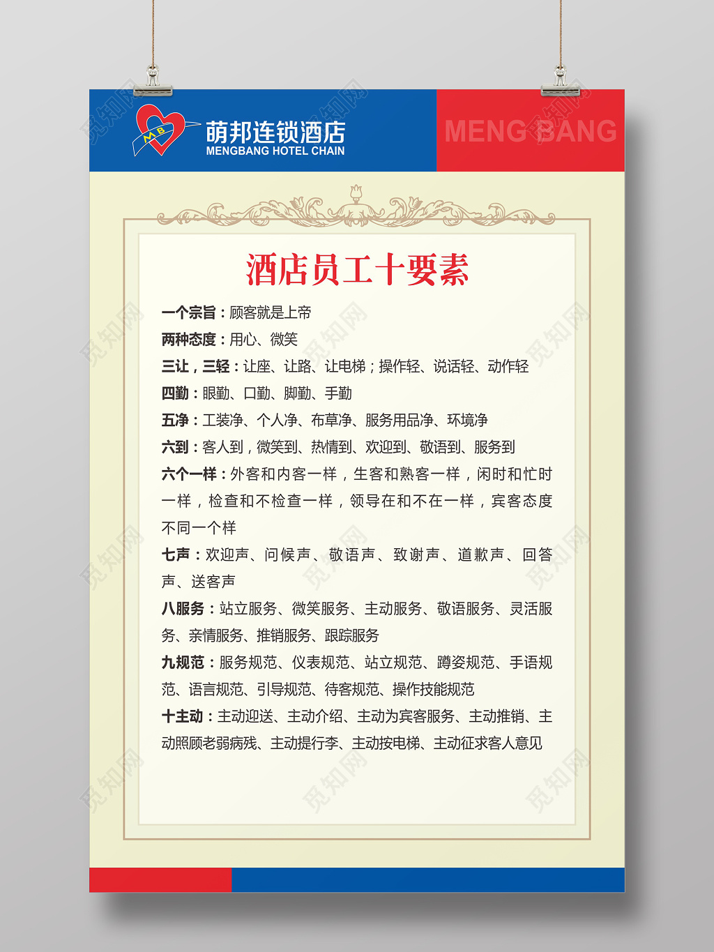 简约花边酒店员工十要素管理制度海报