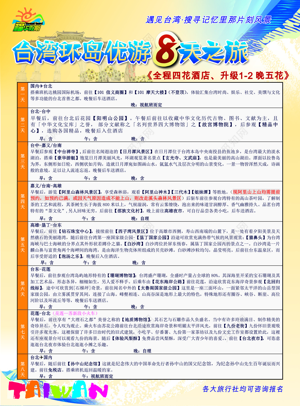 台湾环岛旅游8天游行程计划海报