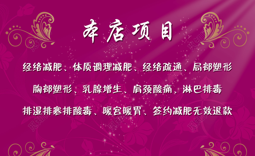 美容院项目列表经络减肥经络疏通局部塑形乳腺增生海报模板