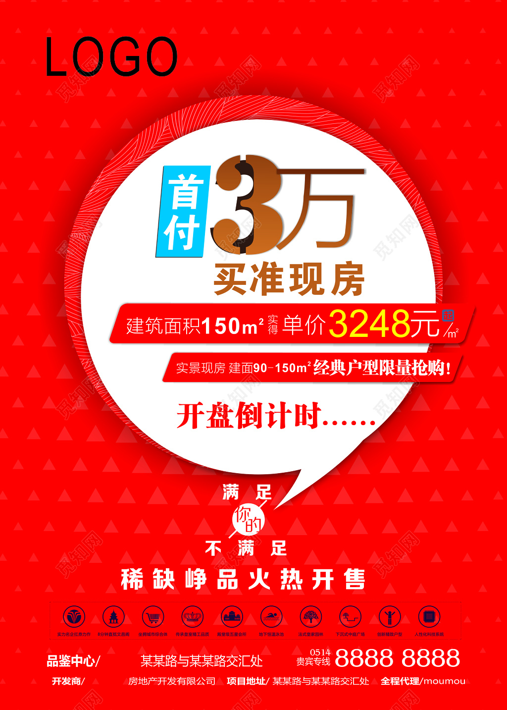 房地产买准现房建筑面积实景经典户型红色海报模板
