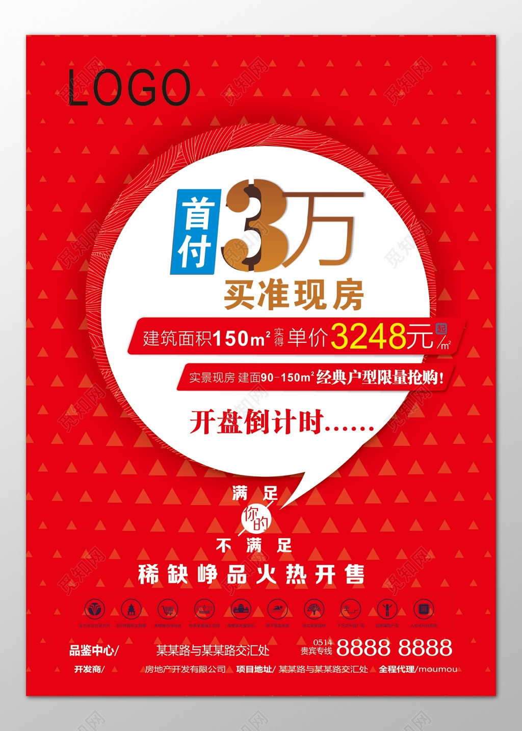 房地产买准现房建筑面积实景经典户型红色海报模板