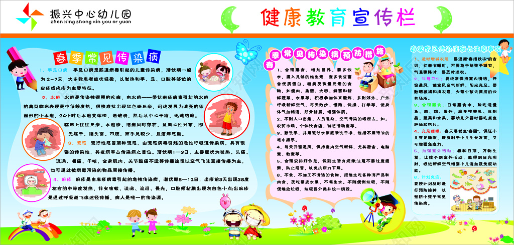 春季常见传染病健康教育预防措施卡通宣传栏