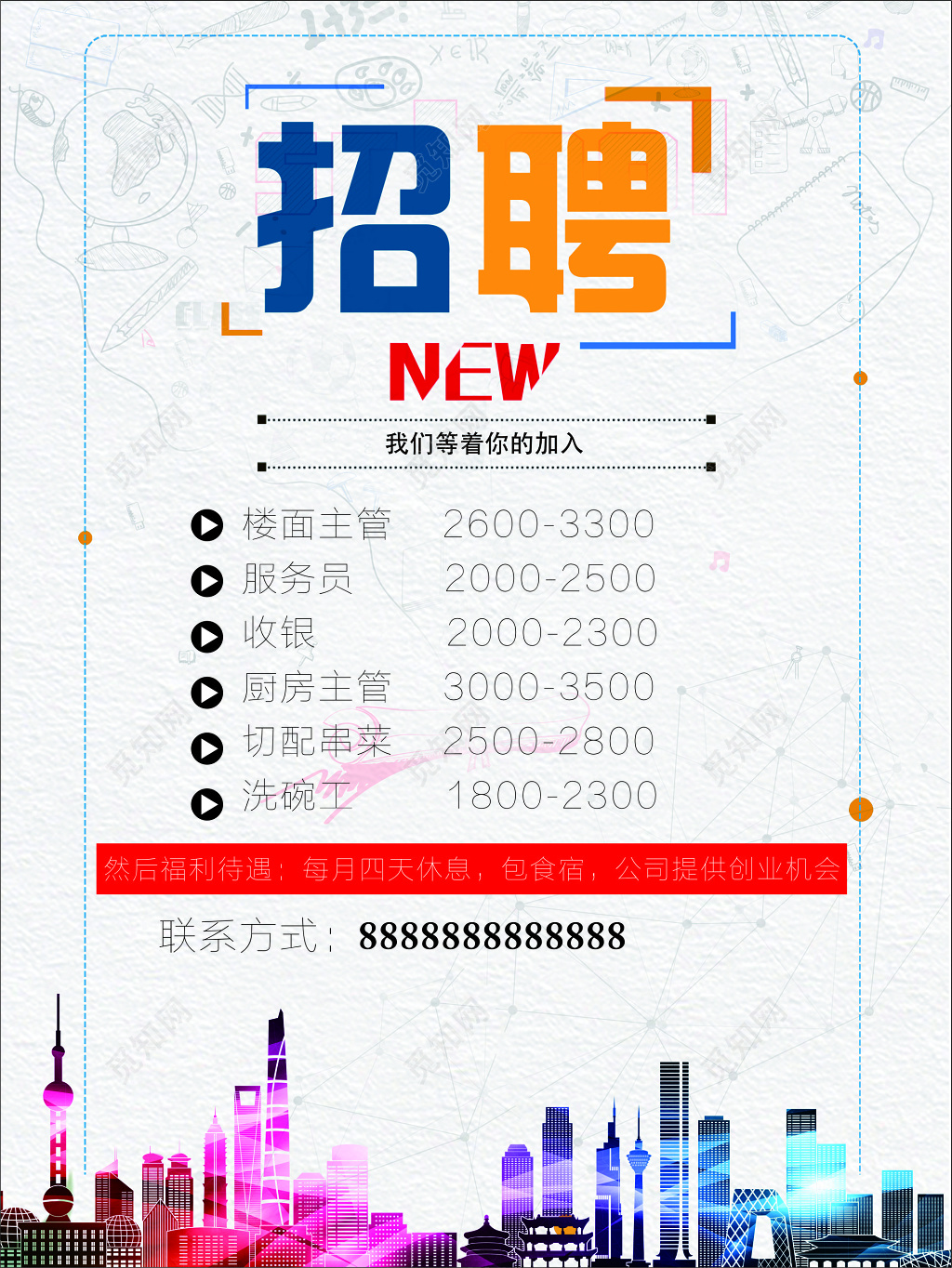 白色简约城市背景招聘宣传海报