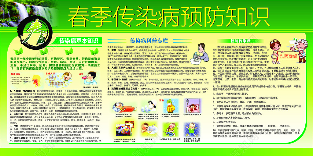 春季传染病预防知识传染源传播途径绿色卡通宣传栏