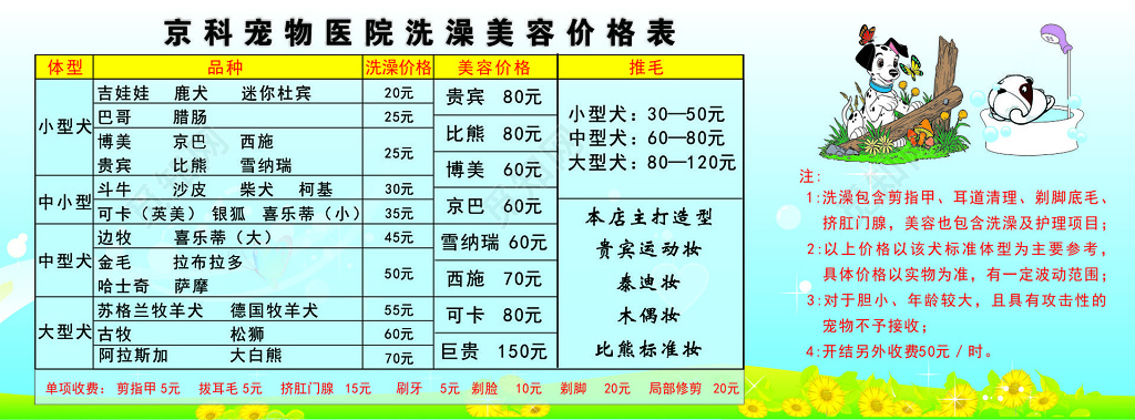 宠物医院洗澡美容价格表