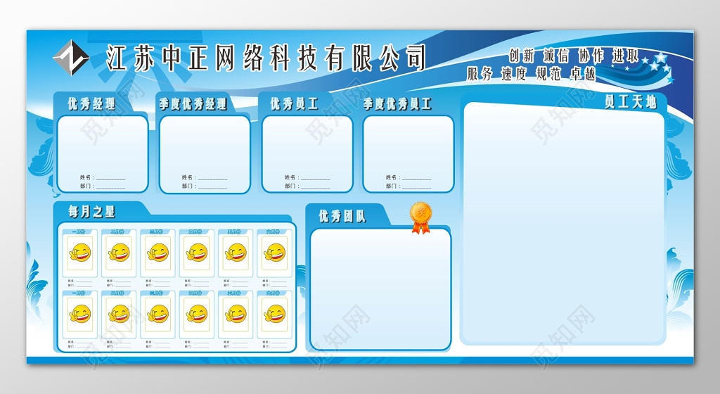 蓝色商务风企业文化建设优秀员工展板