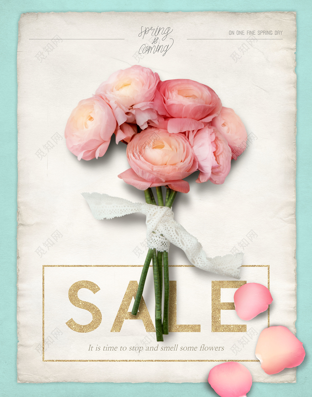 花店春天春季鲜花捧花特卖宣传海报