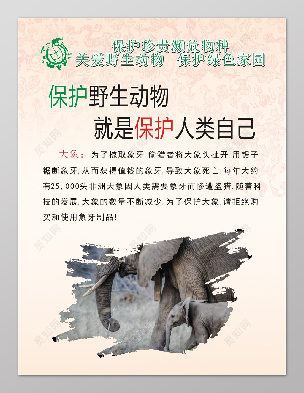 大象保护野生动物就是保护人类自己海报