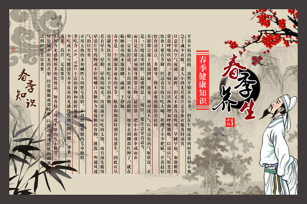 水墨竹子中医养生春季养生养生之道展板设计