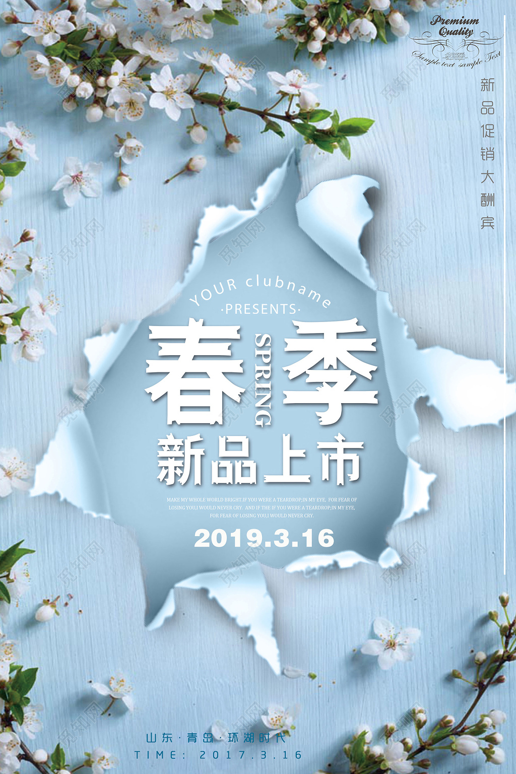 蓝色撕裂效果春季特惠嘉年华春天促销打折海报设计