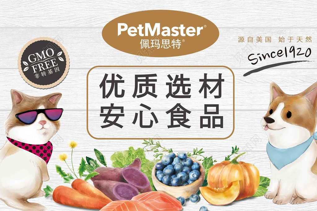 木质背景安心食品宠物店海报