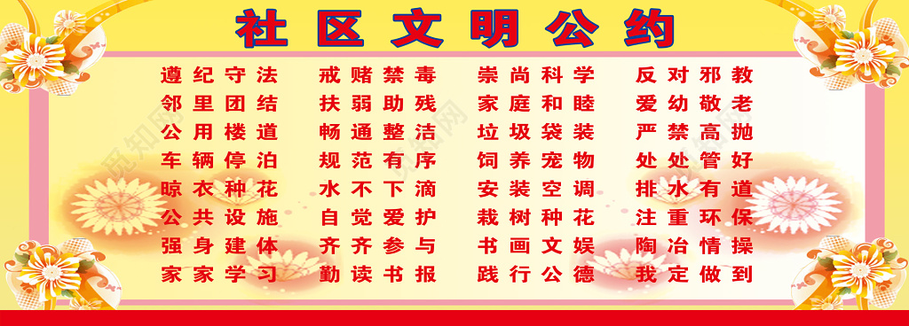 社区文明公约橙黄色积极正能量四字经行为遵守展板设计宣传册设计