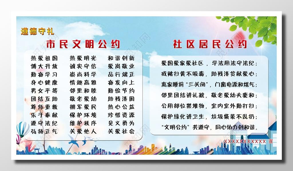 文明公约市民社区公民守则清新蓝色遵德守礼市民文明公约展板设计