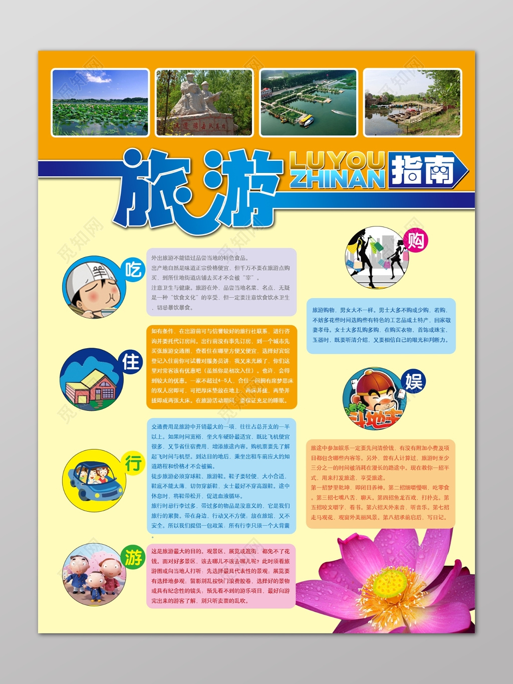 黄色可爱卡通吃住行游购娱旅游指南