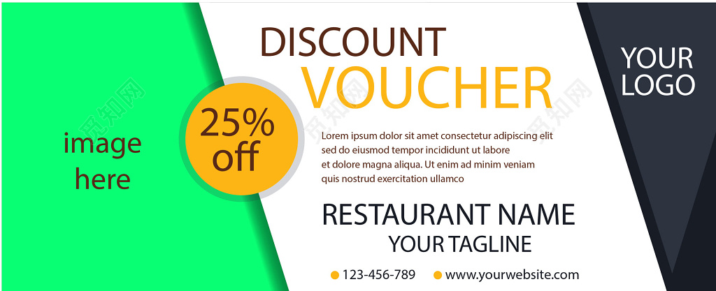 黑色绿色白色拼接色简洁美食餐厅代金券优惠券设计