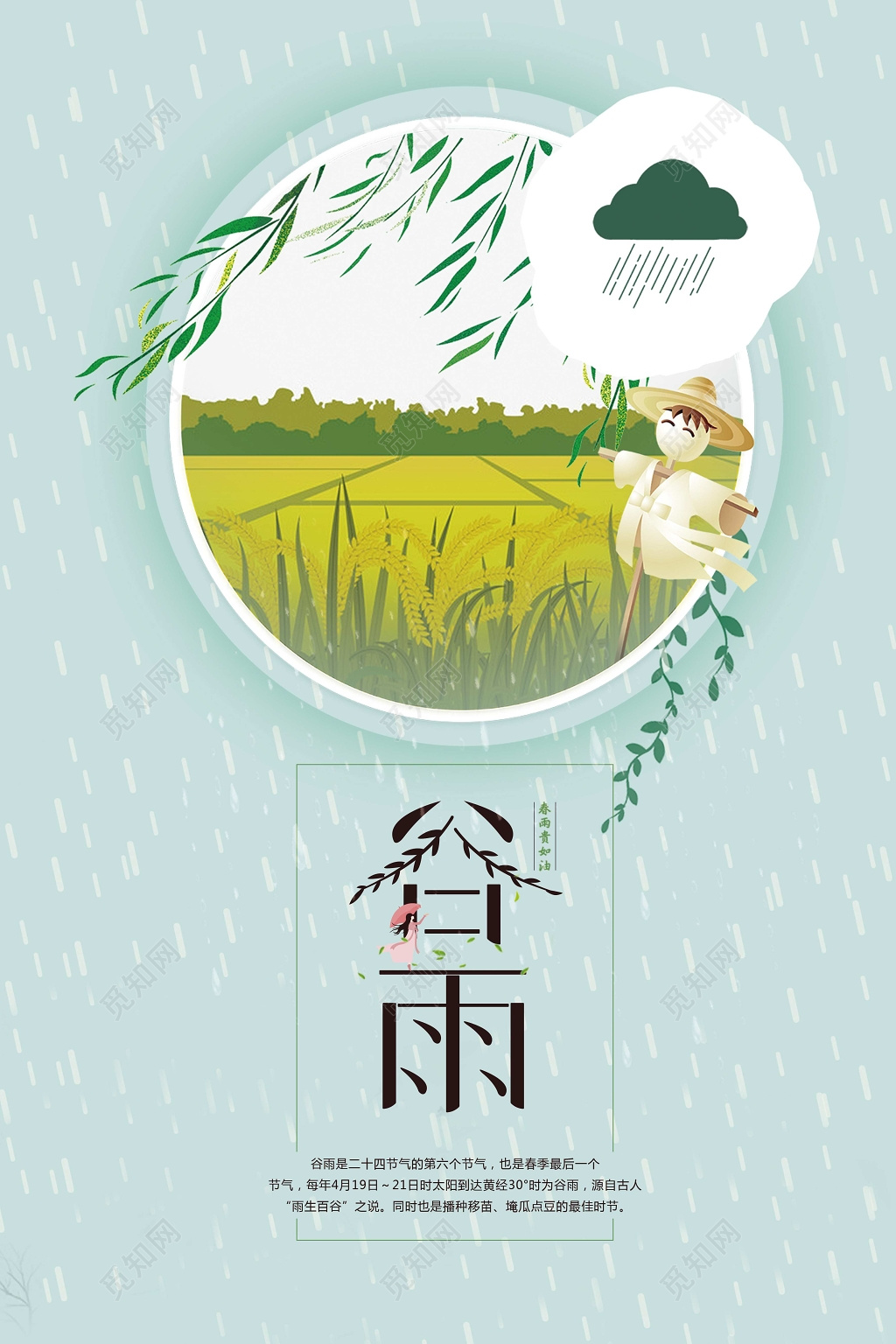 二十四节气谷雨节气中国风小清新海报