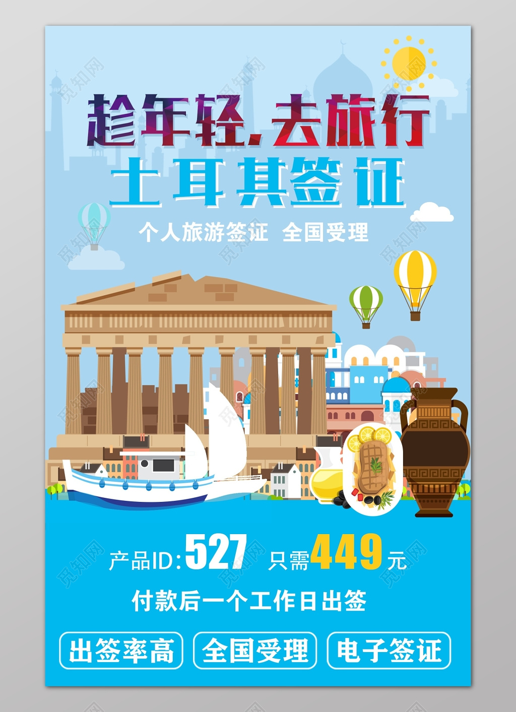 土耳其旅游蓝色古建筑创意背景海报设计