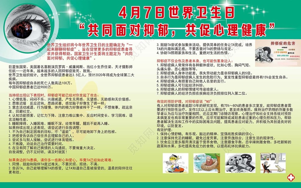 世界卫生日4月7日共同面对抑郁共赢健康生活宣传展板设计