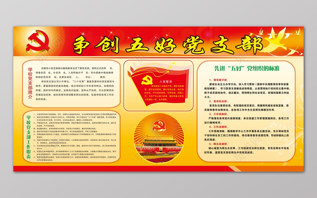 争创五好党支部党课党建简介职责标准红黄宣传栏