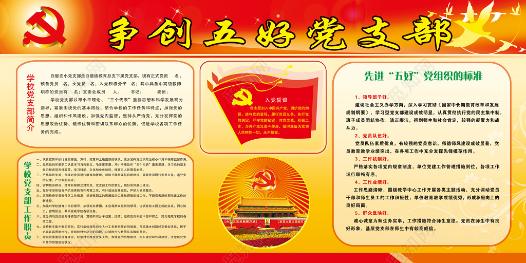 争创五好党支部党课党建简介职责标准红黄宣传栏