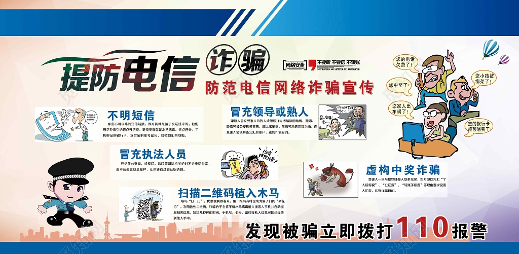 警察节网络诈骗防诈骗提防电信诈骗展板设计