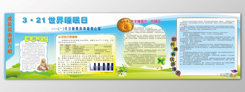 世界睡眠日3月21日蓝天白云草地背景宣传展板设计