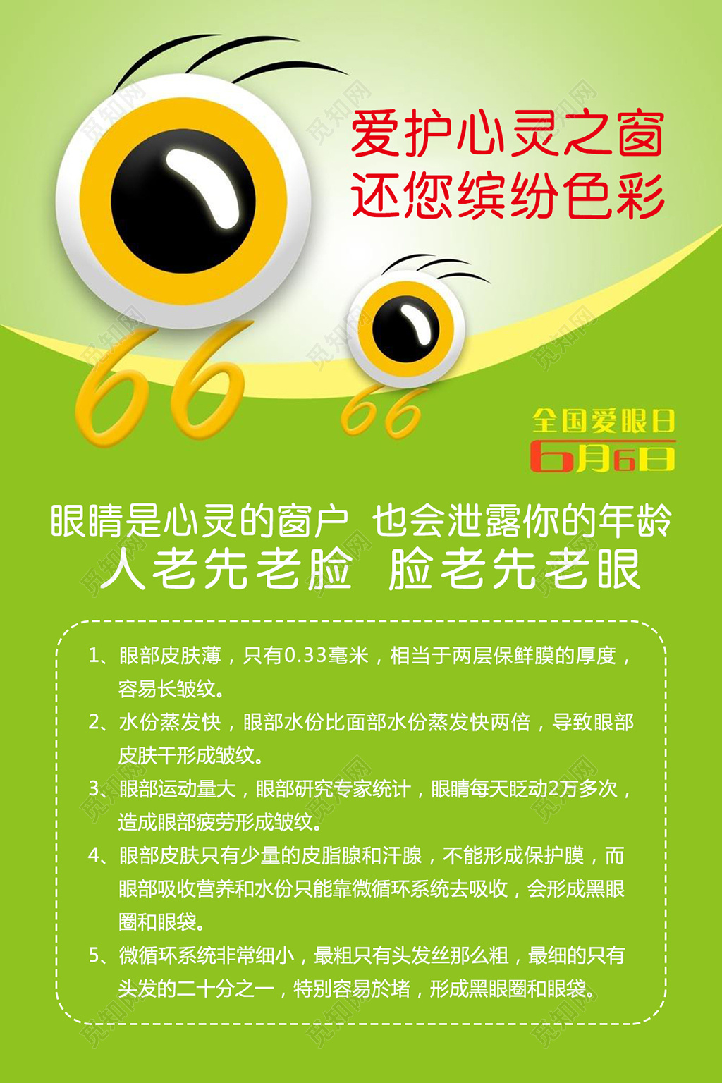 爱护心灵之窗6月6日全国爱眼日卡通绿海报