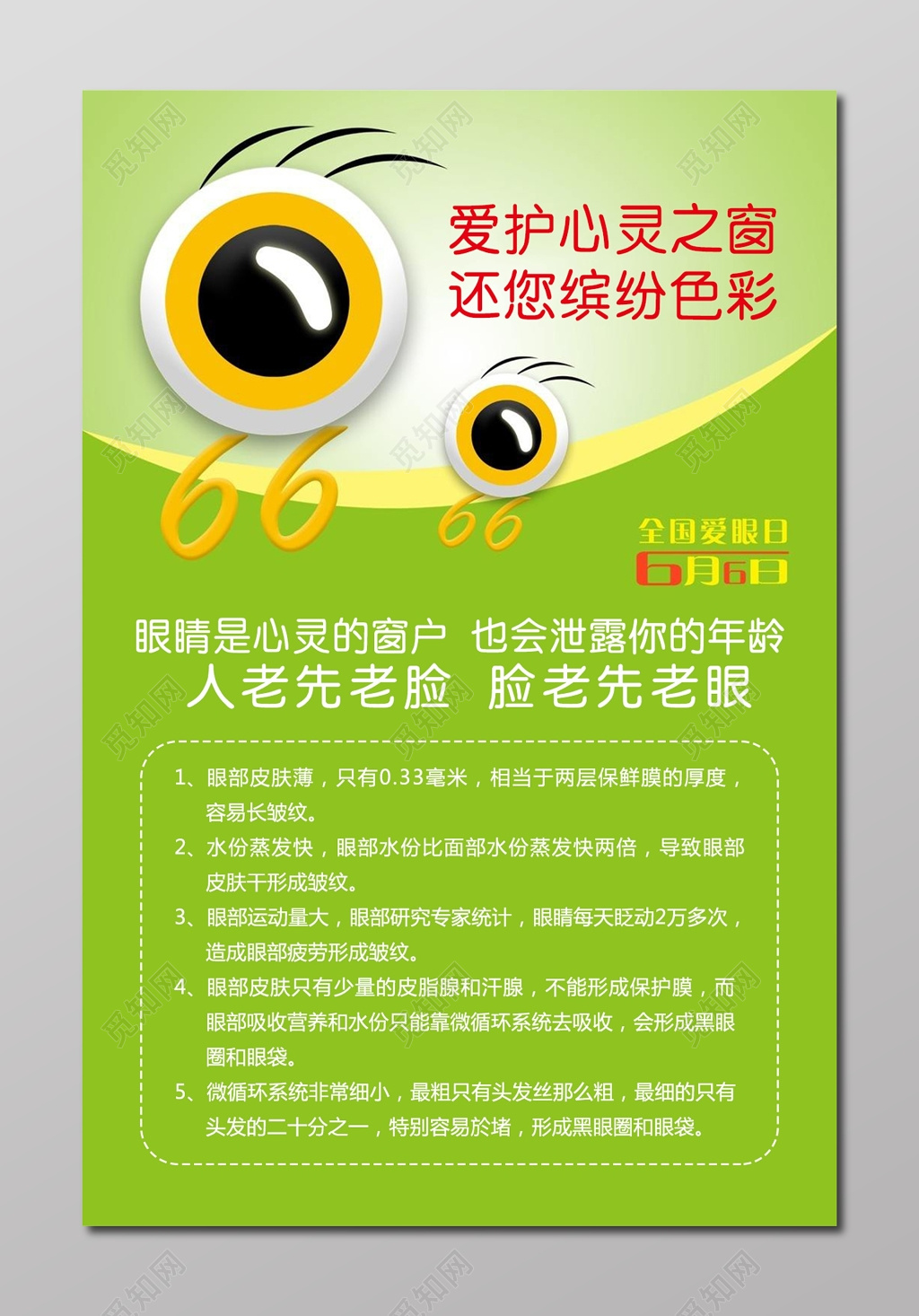 爱护心灵之窗6月6日全国爱眼日卡通绿海报