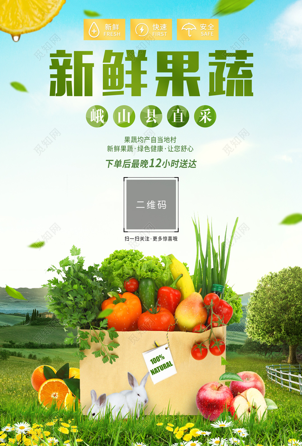 蓝天新鲜果蔬水果蔬菜宣传特惠海报