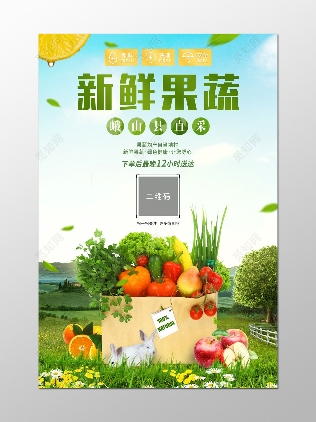 蓝天新鲜果蔬水果蔬菜宣传特惠海报