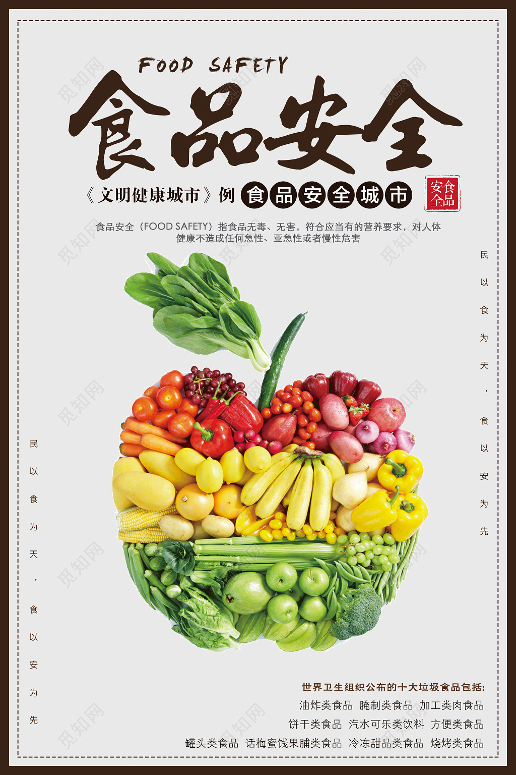 食品安全垃圾食品民以食为天简约清新宣传海报