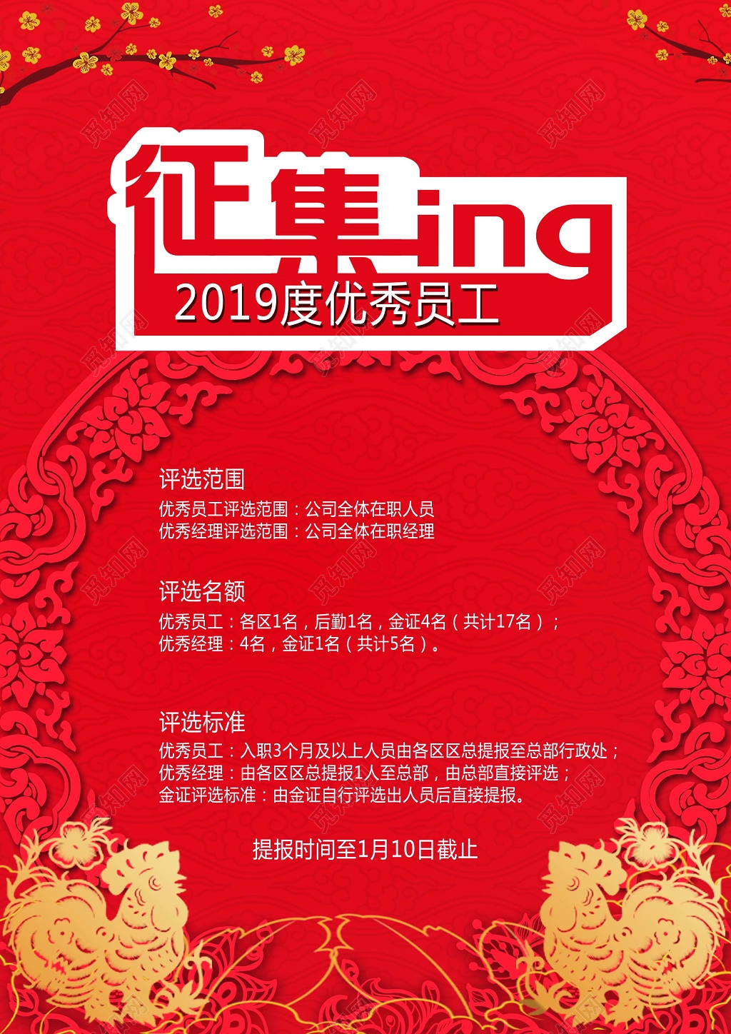 红色复古底纹征集2019优秀员工评选展板