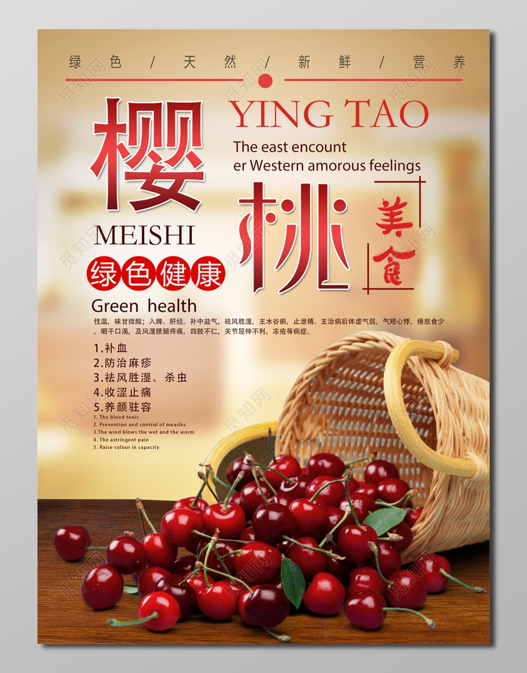 樱桃美食绿色健康橘黄色宣传栏