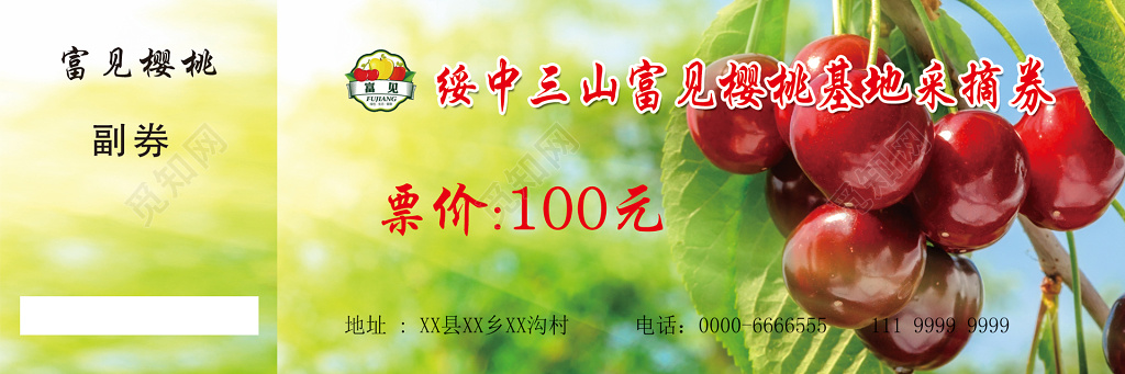 樱桃基地采摘券浅绿色卡券设计