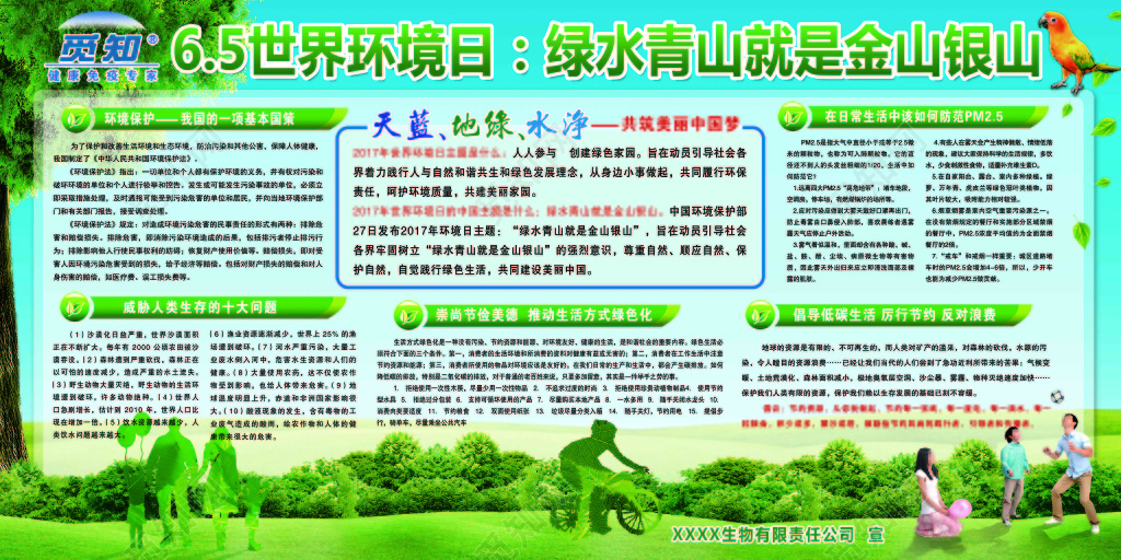 世界环境日天蓝地绿氺净人物剪影蓝天白云绿地展板