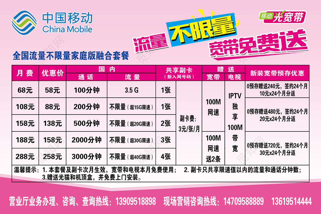 中国移动通讯办理话费价目表展板