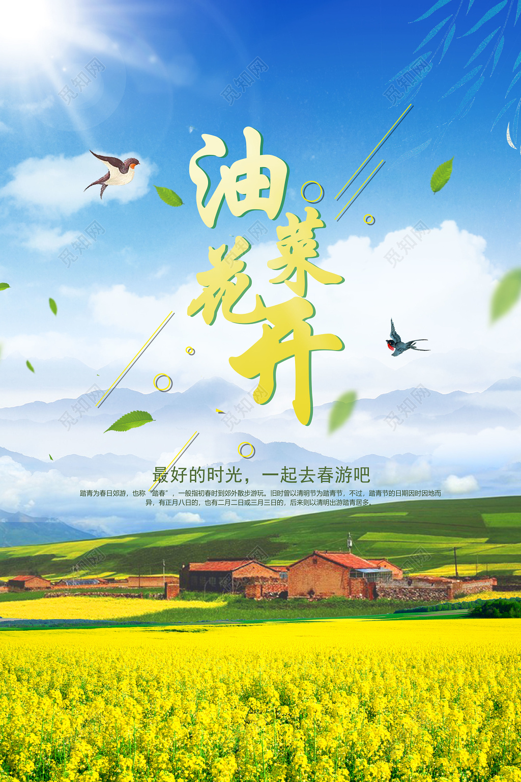 清新大气春天油菜花开花田春游海报