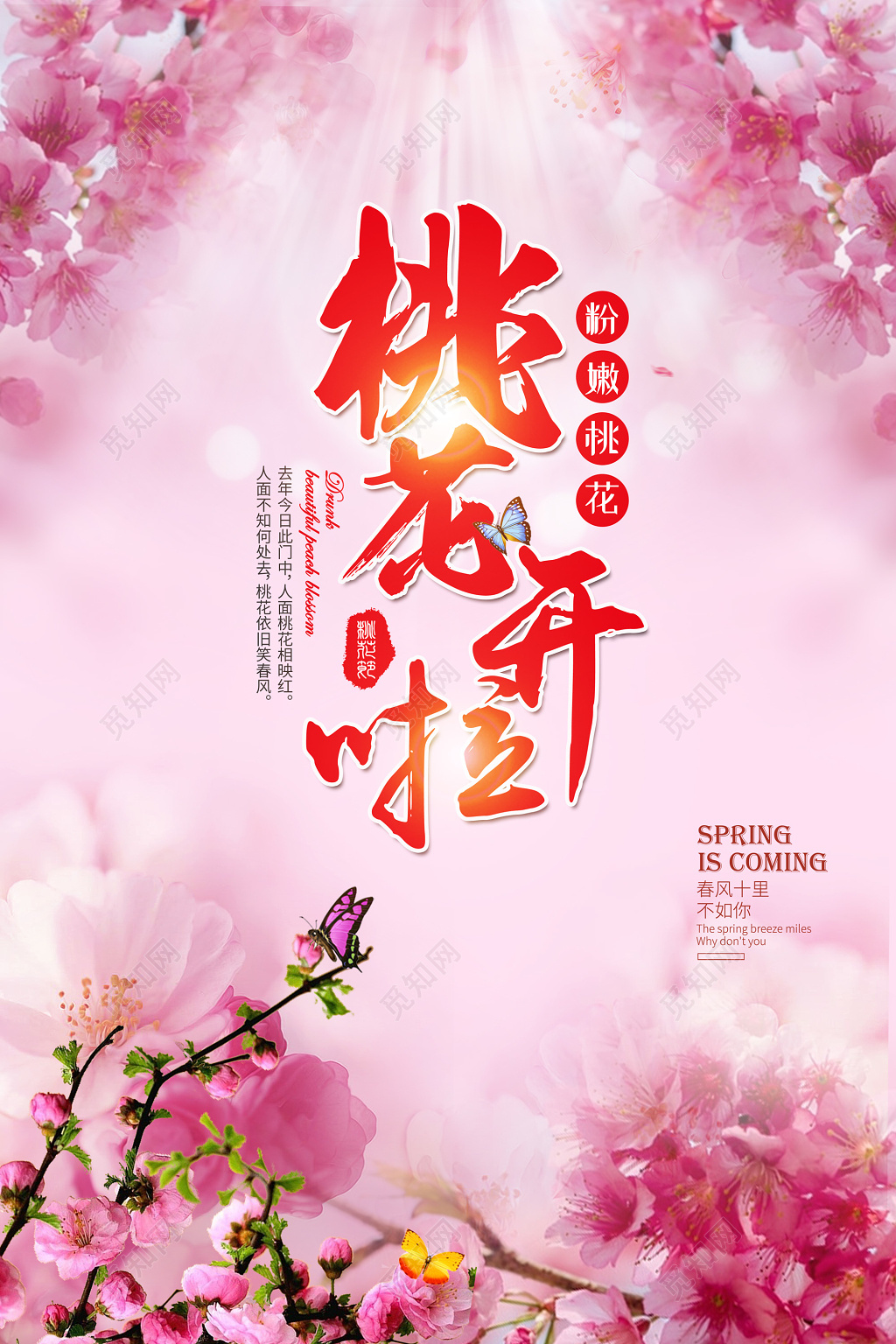 2019年粉色简约桃花开啦桃花节旅游宣传海报