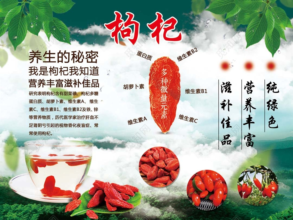 个性白云青山背景滋补佳品枸杞农副产品养生宣传展板