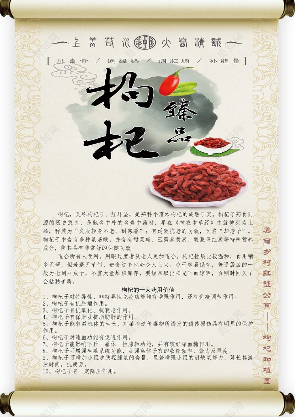 中国水墨风格枸杞农副产品珍品十大药用价值宣传海报