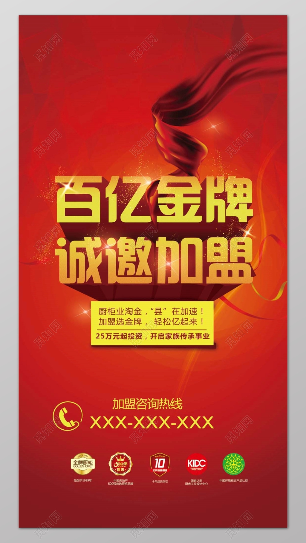 大气红色飘带百亿金牌诚邀加盟个性招商加盟咨询展板
