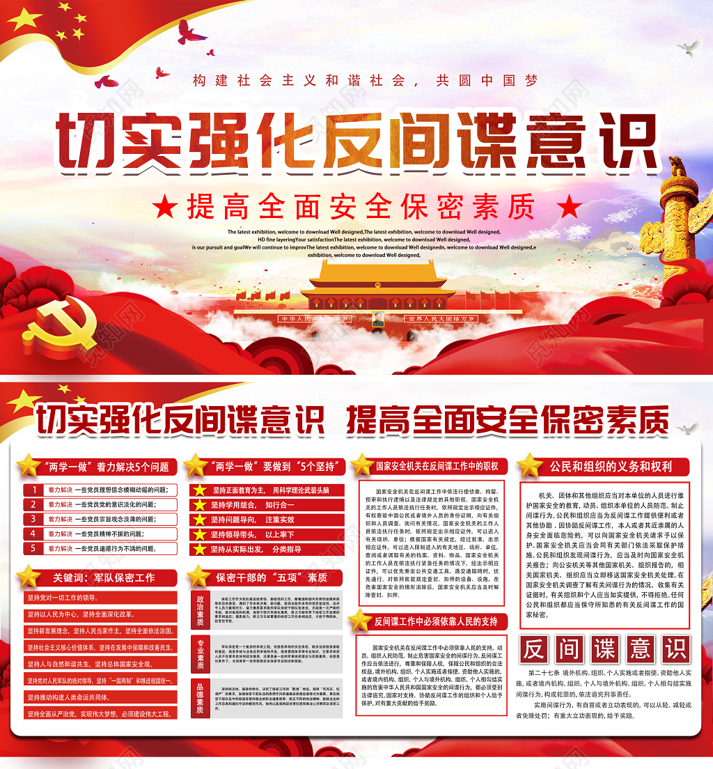 红色强化反间谍意识提高保密素质党建党课展板