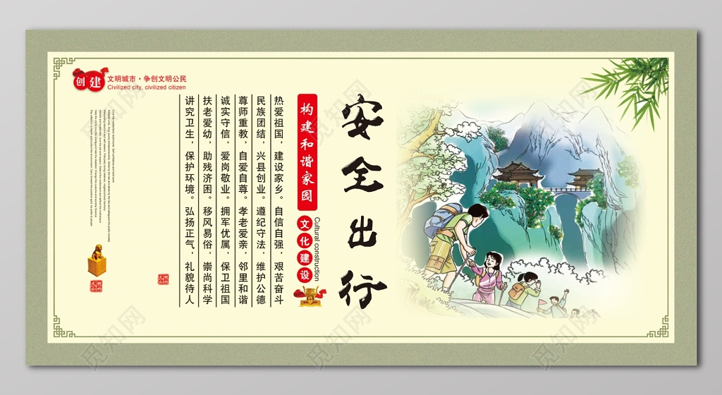 安全出行中国风文化建设展板设计