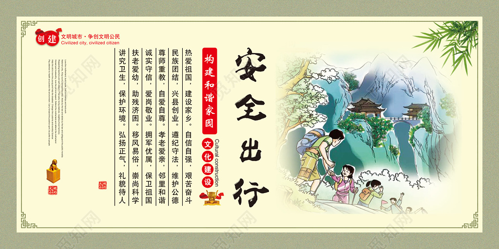 安全出行中国风文化建设展板设计